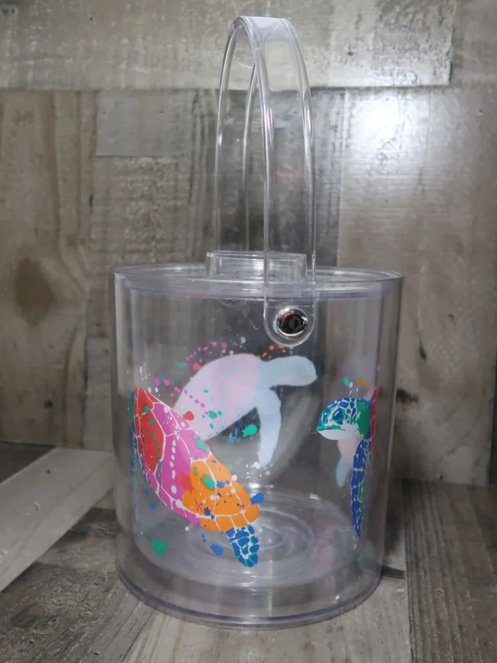 Vintage Lucite Tropical Sea Turtle Ice Bucket with Handle Clear Lid Acrylic